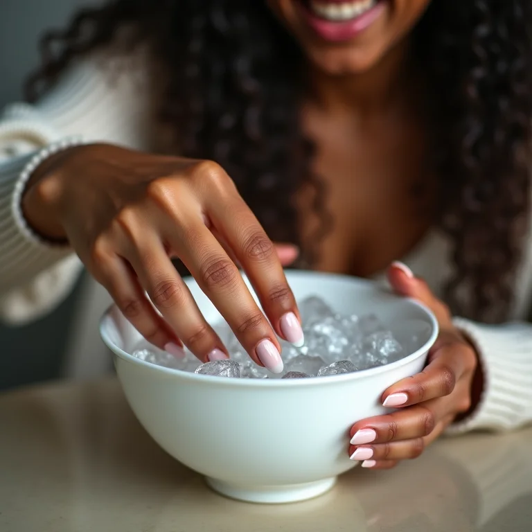 Mãos em água gelada para secar o esmalte.