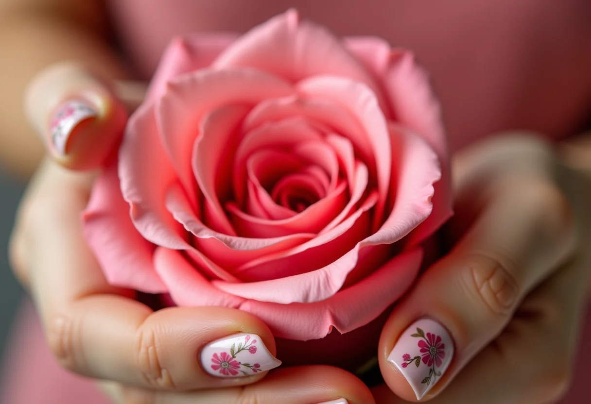 Mãos femininas com adesivos florais delicados segurando uma rosa rosa.