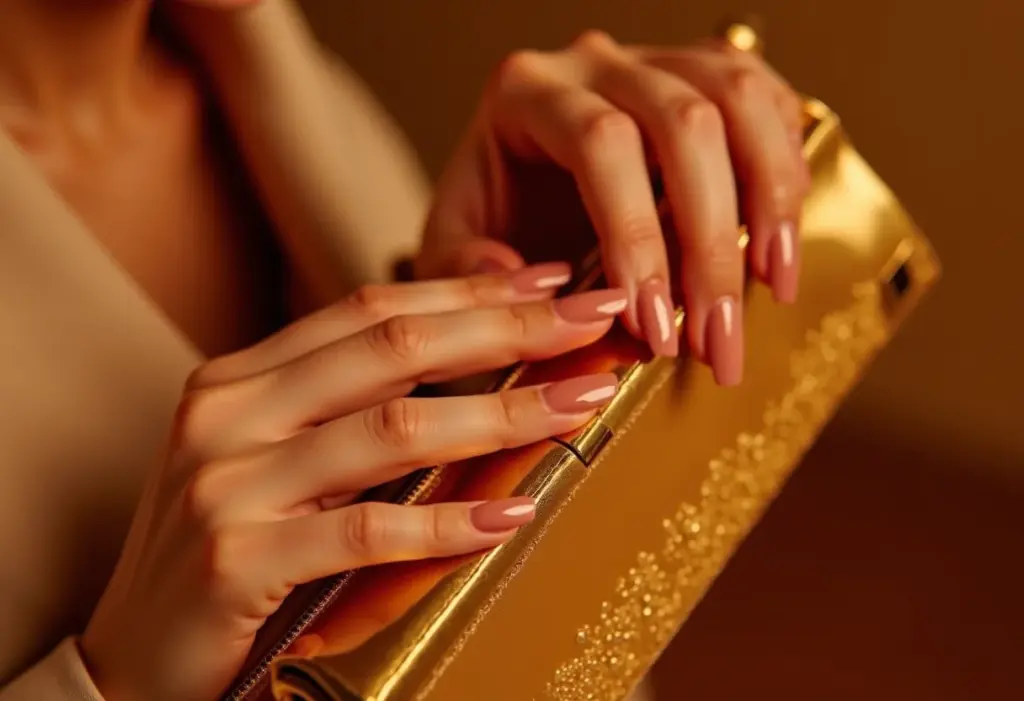 Esmalte seco em minutos: o truque que manicures não revelam Mãos femininas com esmalte nude segurando clutch dourada.