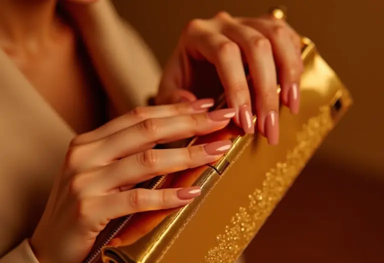 Mãos femininas com esmalte nude segurando clutch dourada.
