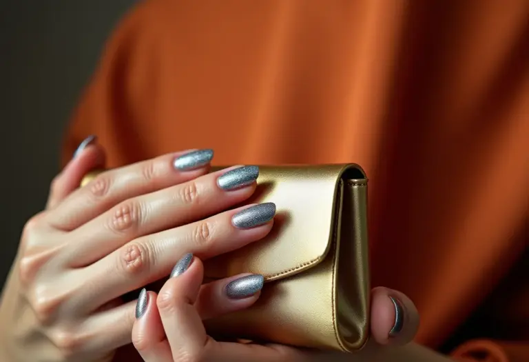 Mãos femininas com esmalte prata glitter segurando clutch dourada