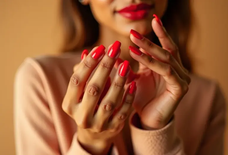 Mãos femininas com esmalte vermelho Bossa em fundo bege texturizado