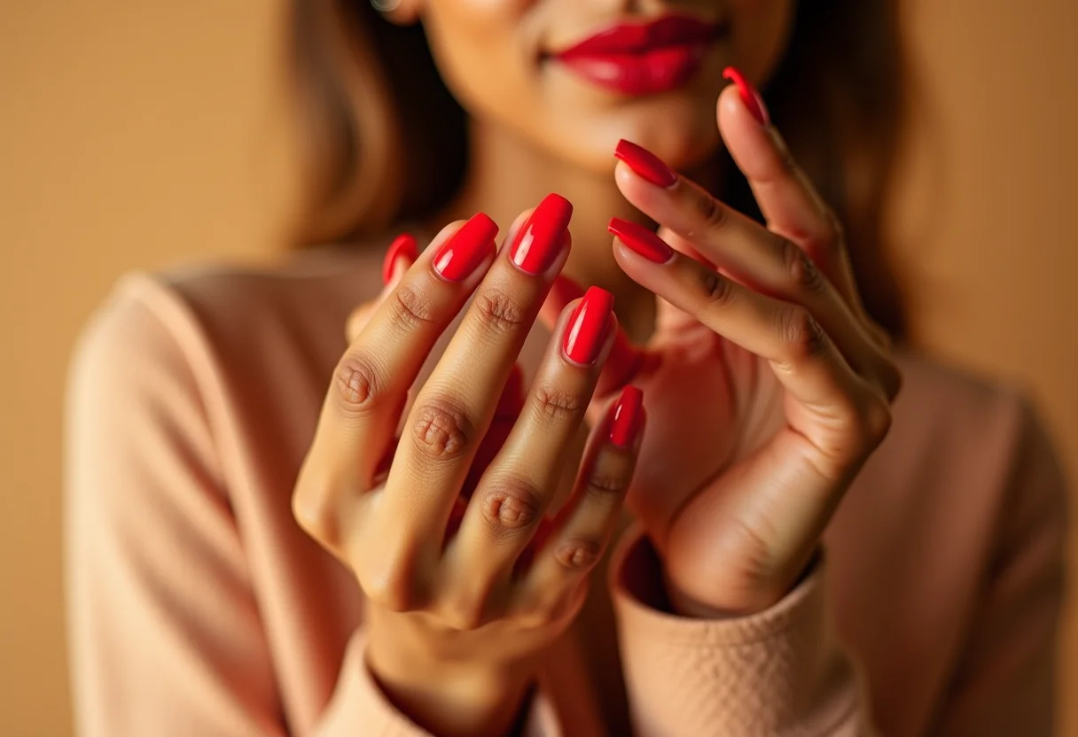 Mãos femininas com esmalte vermelho Bossa em fundo bege texturizado