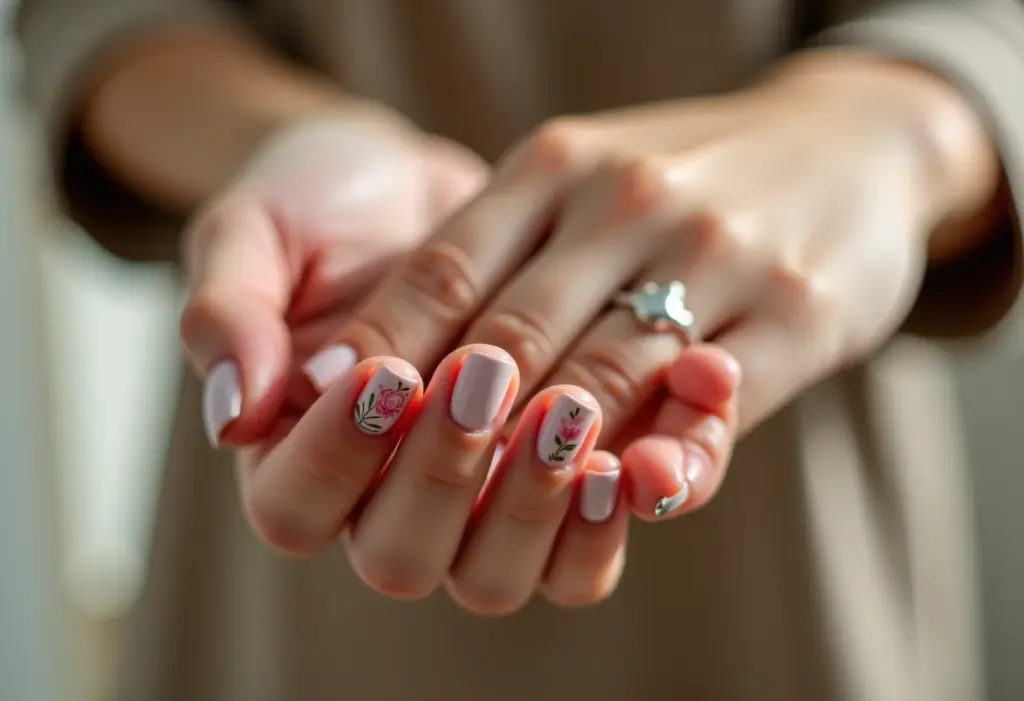 Mãos femininas com nail art criativa e elegante