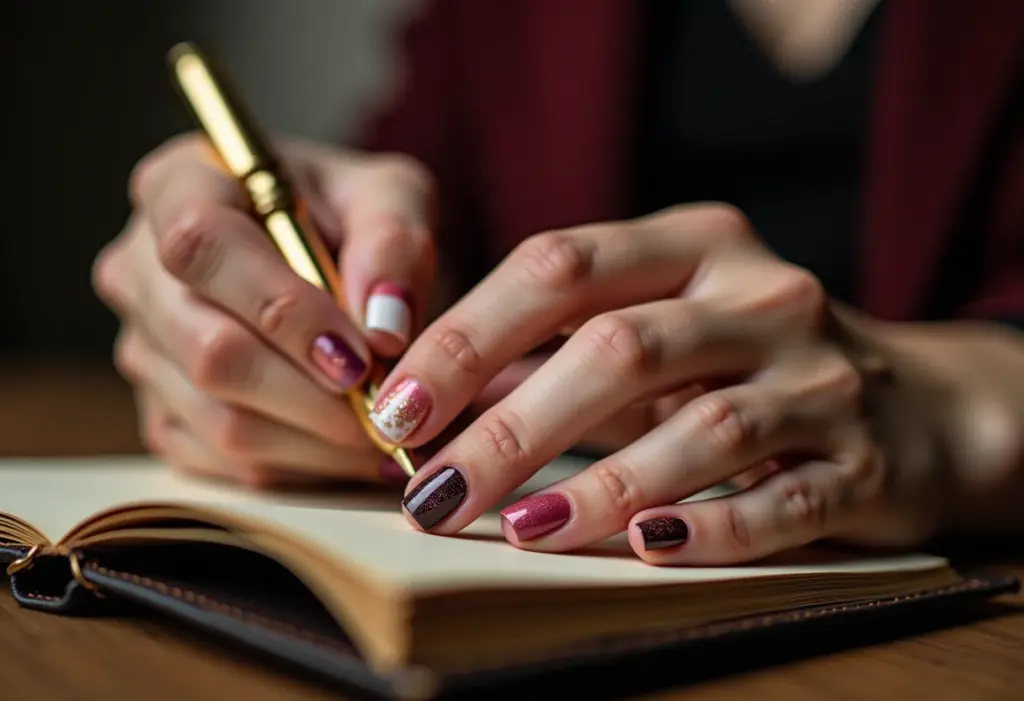 Unhas decoradas da mão: 5 erros que você não pode cometer Mãos femininas com nail art desalinhada segurando um caderno de couro e caneta dourada.