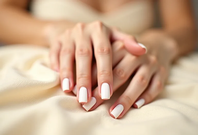 Mãos femininas com unhas brancas elegantes sobre tecido de linho bege