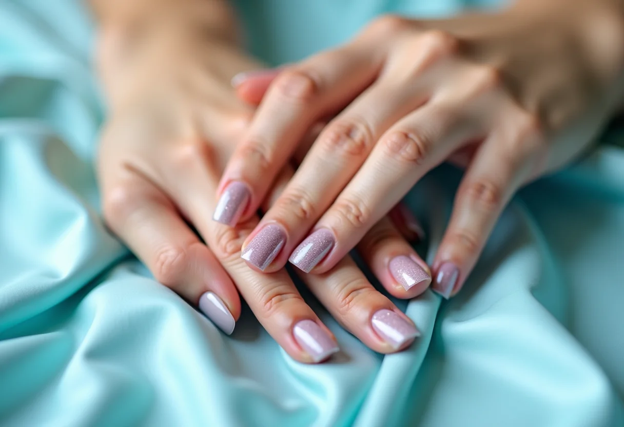 Mãos femininas com unhas degradê de glitter azul sobre tecido de seda azul claro.