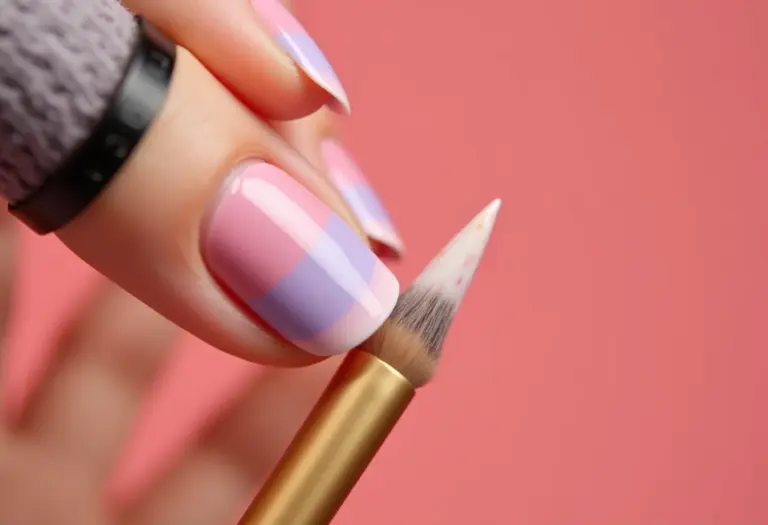Mãos femininas com unhas em degradê pastel segurando pincel de maquiagem dourado