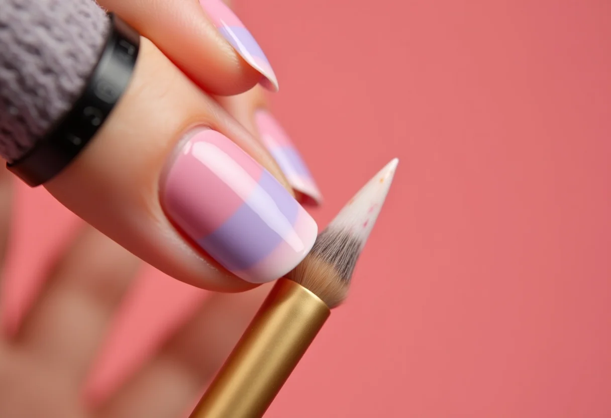 Mãos femininas com unhas em degradê pastel segurando pincel de maquiagem dourado
