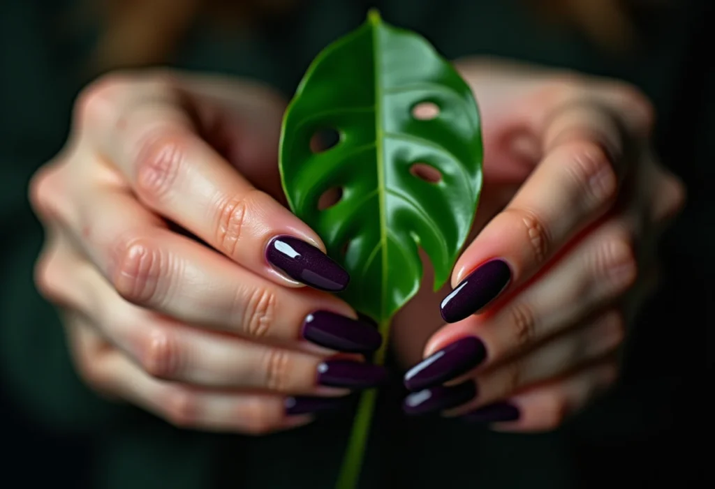 Esmalte escuro fortalece unhas? O que dizem os especialistas Mãos femininas com unhas escuras segurando folha de monstera