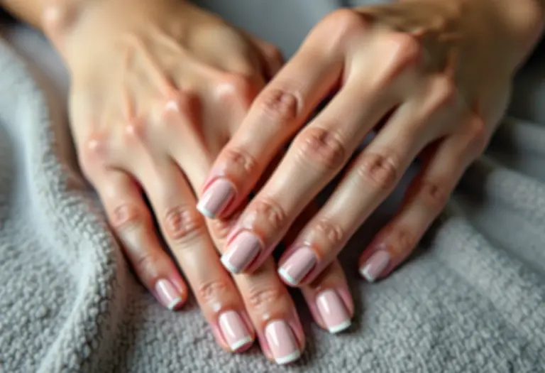 Mãos femininas com unhas nude impecáveis sobre cashmere cinza.