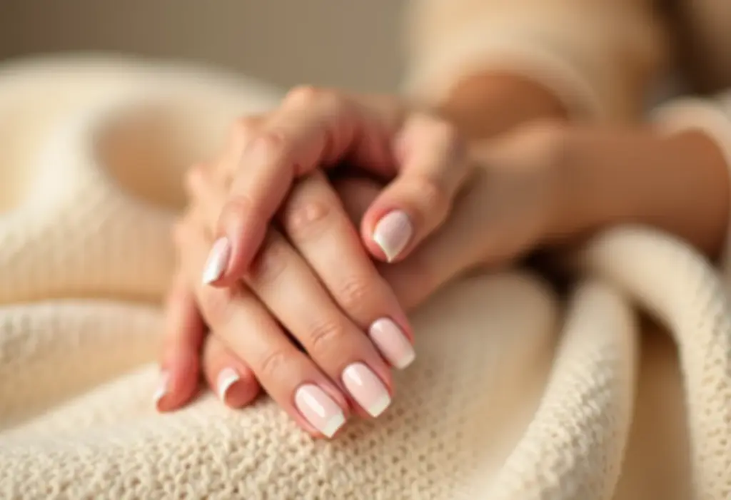 Mãos femininas com unhas nude sobre cashmere bege
