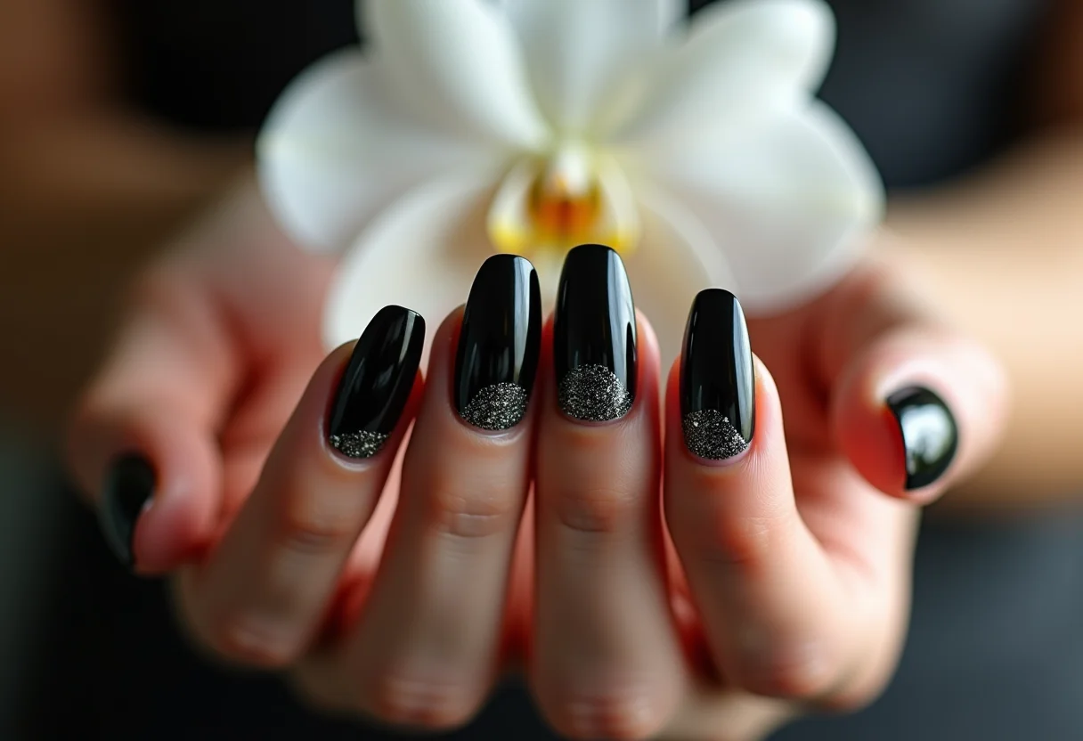 Mãos femininas com unhas pretas decoradas segurando orquídea branca