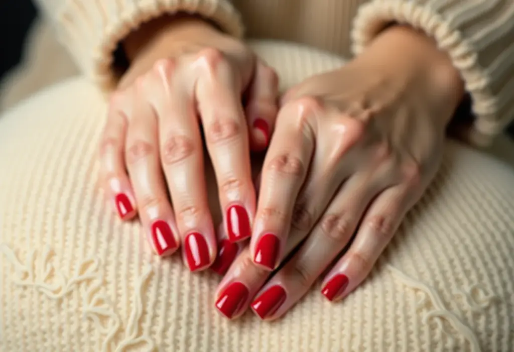 Mãos femininas com unhas vermelhas decoradas em close-up.