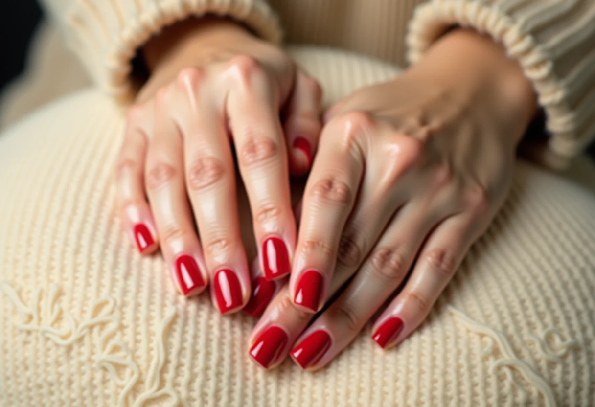 Mãos femininas com unhas vermelhas decoradas em close-up.