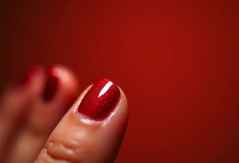 Mãos femininas com unhas vermelhas decoradas segurando batom vermelho.