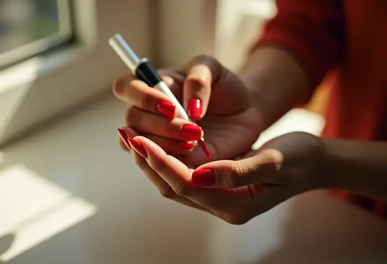 Mãos femininas esmaltando as unhas com esmalte vermelho