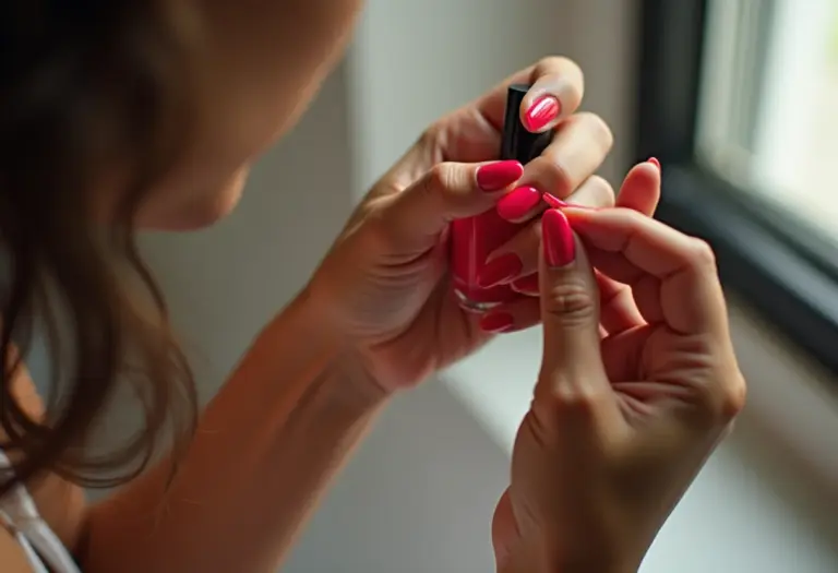 Mãos femininas esmaltando unhas de vermelho