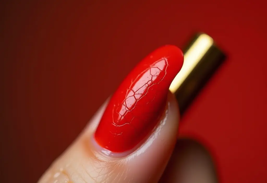 Mãos femininas segurando batom dourado com esmalte vermelho rachado.