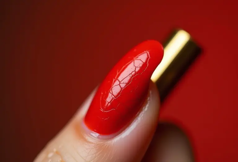 Mãos femininas segurando batom dourado com esmalte vermelho rachado.
