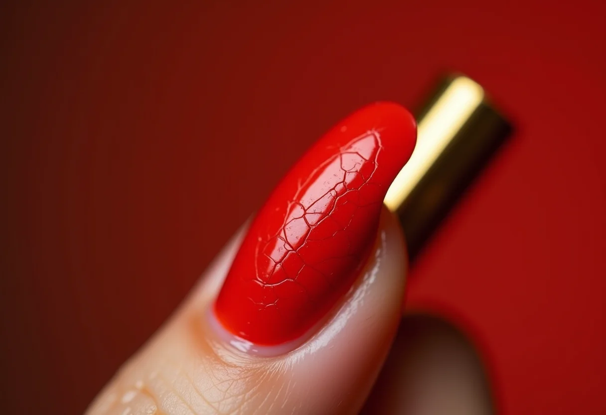 Mãos femininas segurando batom dourado com esmalte vermelho rachado.
