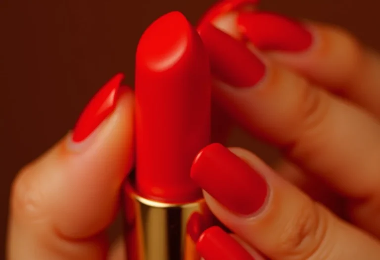 Mãos femininas segurando batom dourado com unhas vermelhas brilhantes