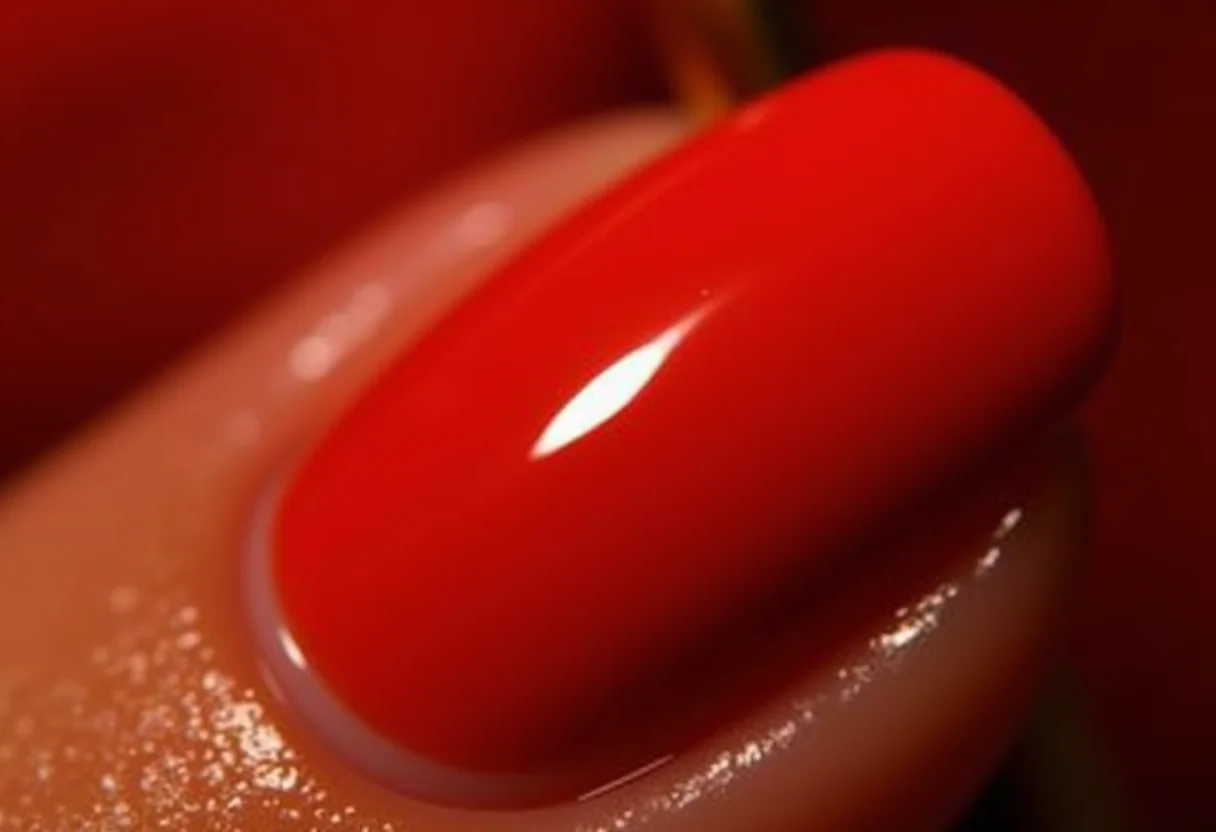 Mãos femininas segurando clutch dourada com esmalte Impala vermelho