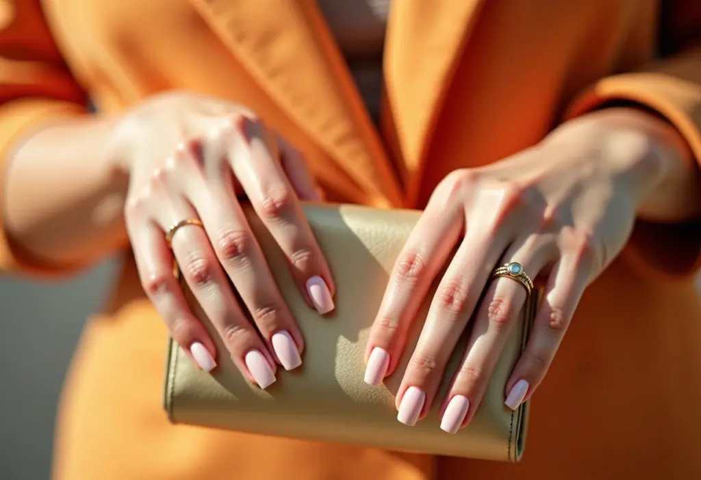 Mãos femininas segurando clutch dourada com esmalte nude Essie