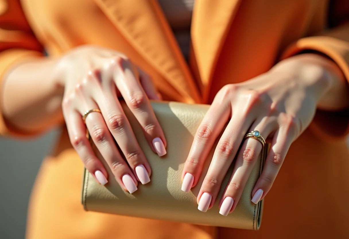 Mãos femininas segurando clutch dourada com esmalte nude Essie