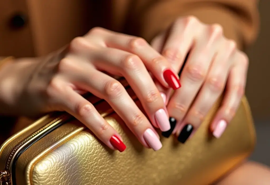 Esmaltes Mohda: 5 cores que toda manicure precisa ter Mãos femininas segurando clutch dourada com esmaltes Mohda em 5 cores diferentes.