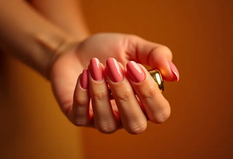 Mãos femininas segurando clutch dourada com unhas impecáveis.