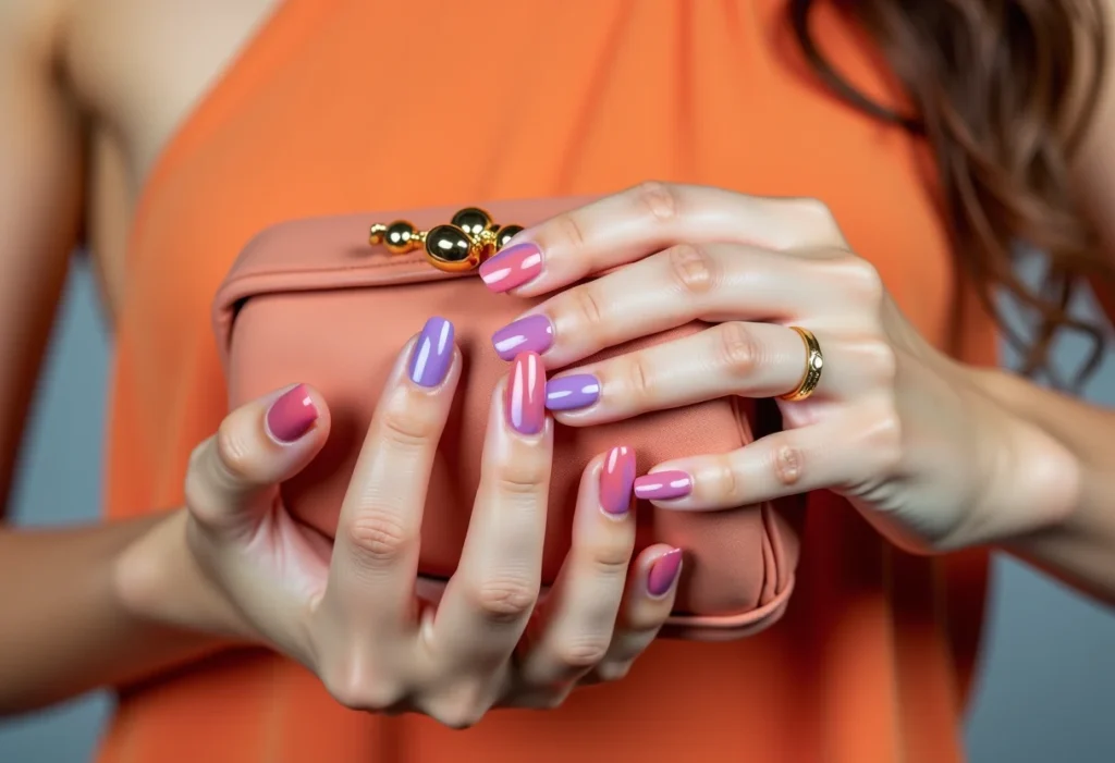 Mania de Esmalte: o vício que está transformando unhas no Brasil Mãos femininas segurando clutch dourada com unhas multicoloridas