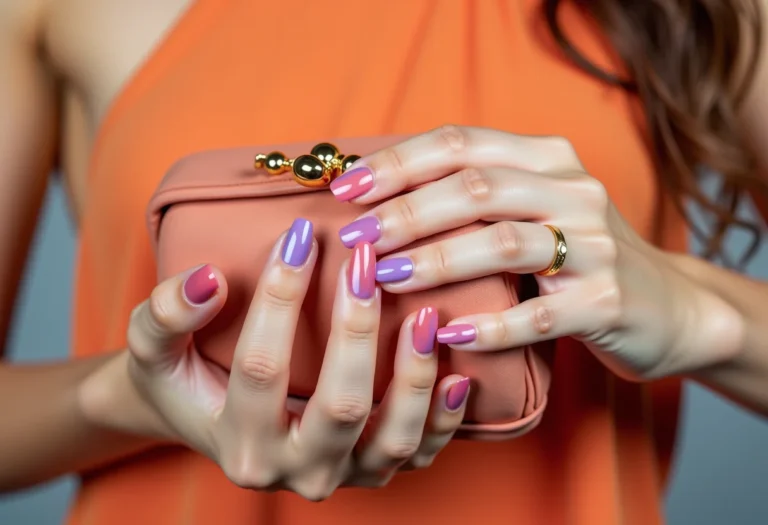 Mãos femininas segurando clutch dourada com unhas multicoloridas