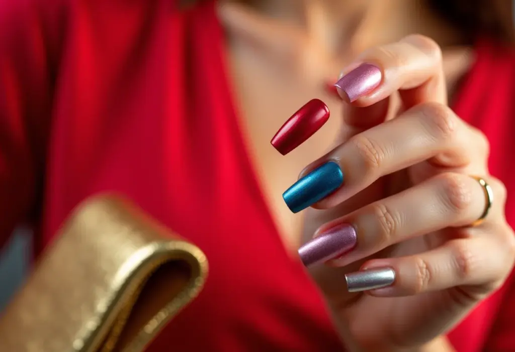 Mãos femininas segurando clutch dourada com unhas pintadas com esmaltes Top Beauty.