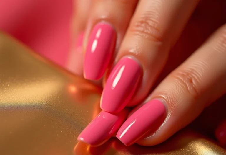 Mãos femininas segurando clutch dourada com unhas rosa.