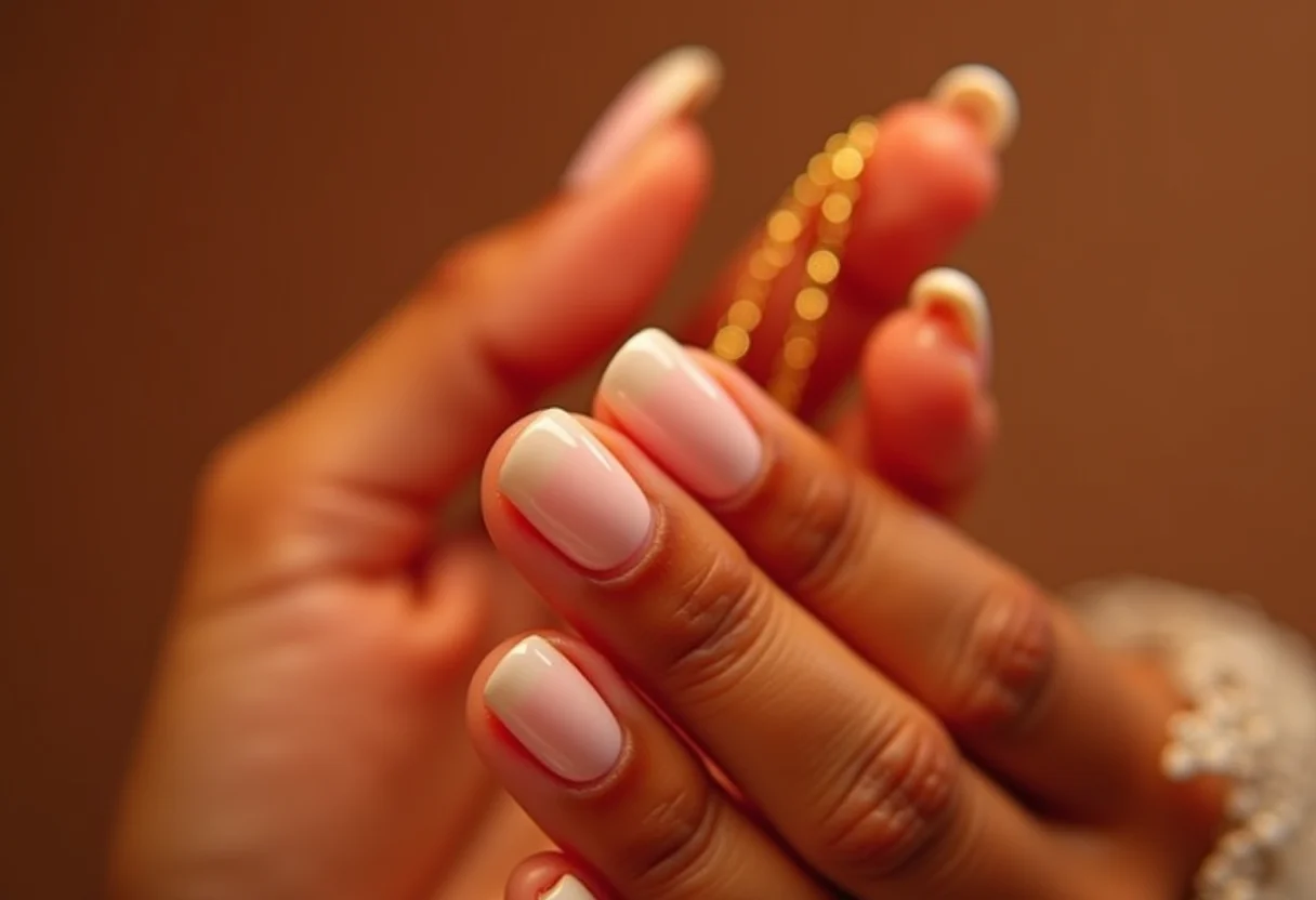 Mãos femininas segurando colar dourado com unhas com esmalte incolor.