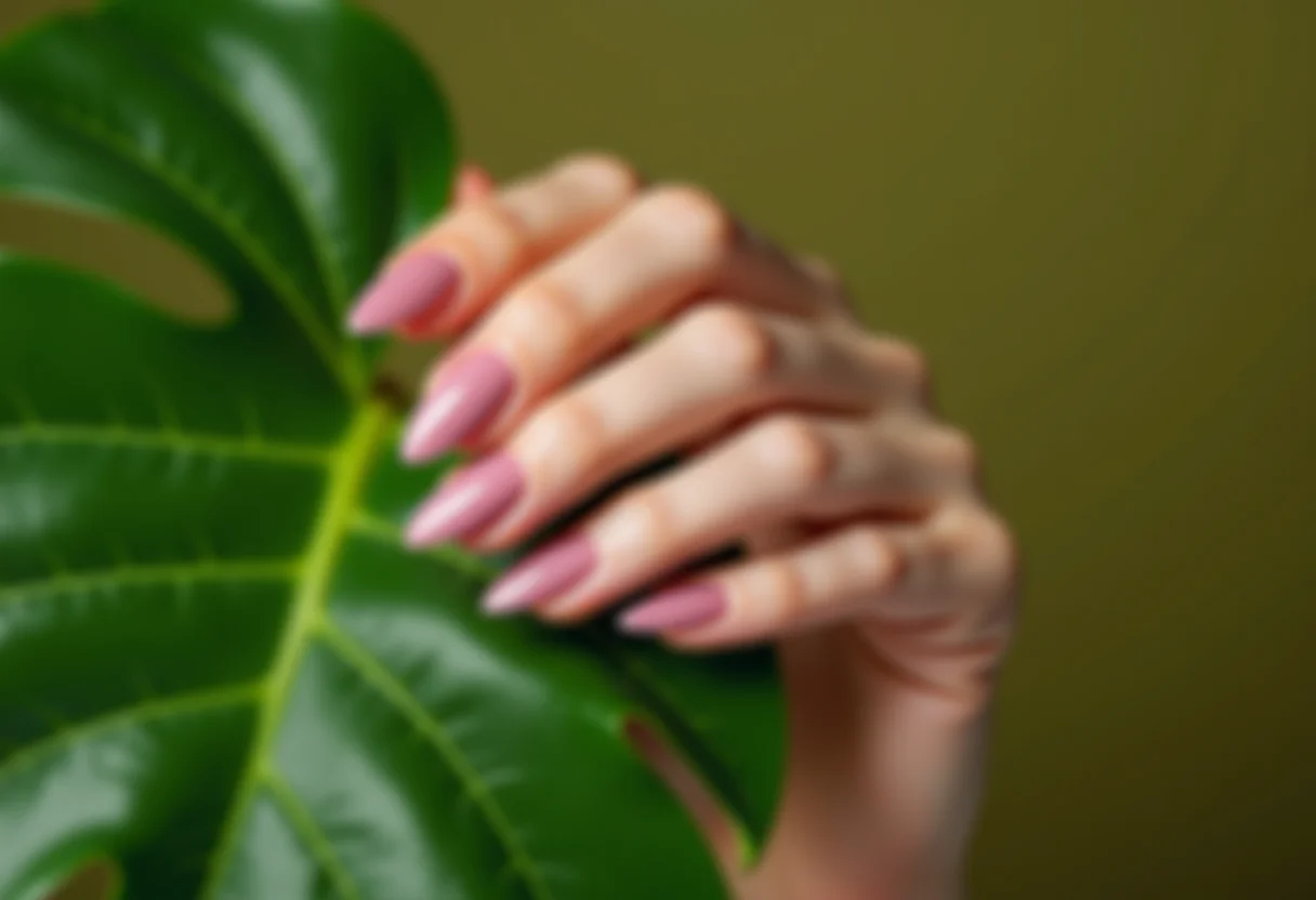 Mãos femininas segurando folha de monstera com esmalte rosa hipoalergênico