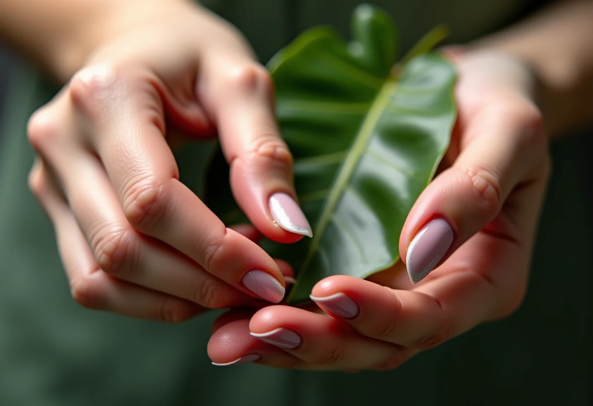 Mãos femininas segurando folha de monstera com unhas de gel levemente danificadas.