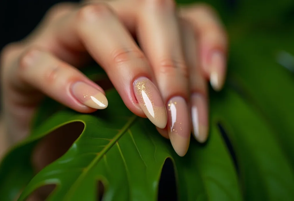 Unha quebrada nunca mais: 5 truques para unhas decoradas impecáveis Mãos femininas segurando folha de monstera com unhas nude e detalhes em dourado