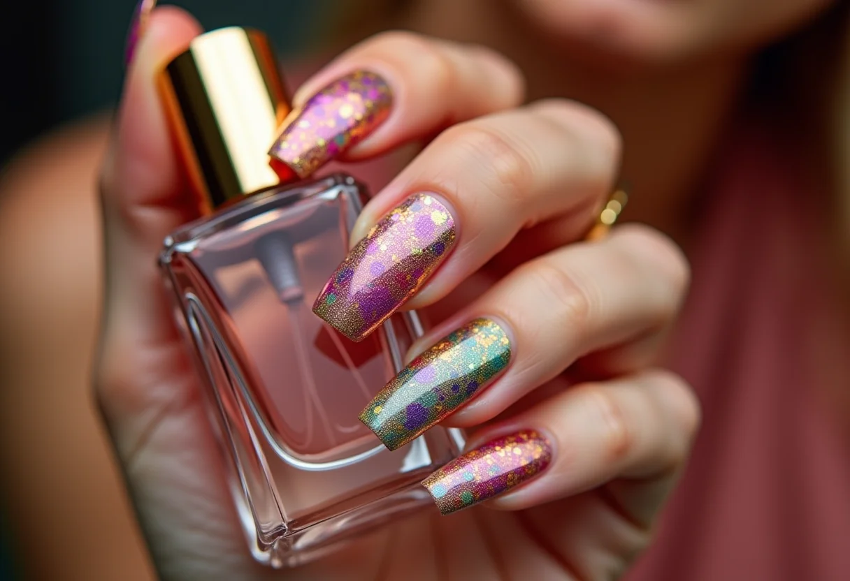 Mãos femininas segurando frasco de perfume com unhas multicoloridas.