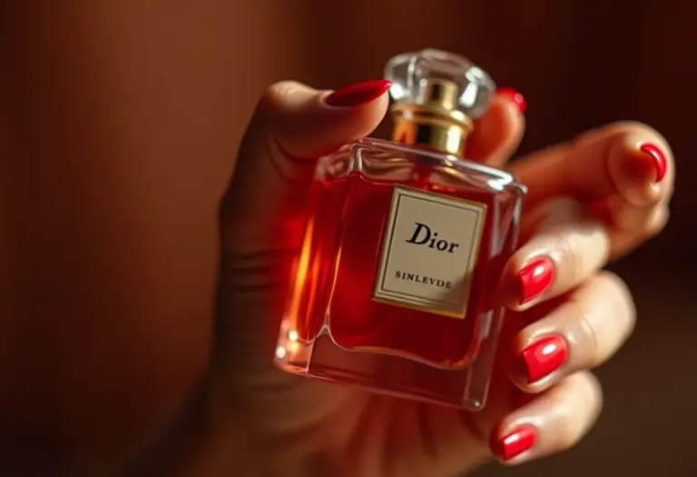Mãos femininas segurando frasco de perfume Dior, unhas vermelhas clássicas Dior
