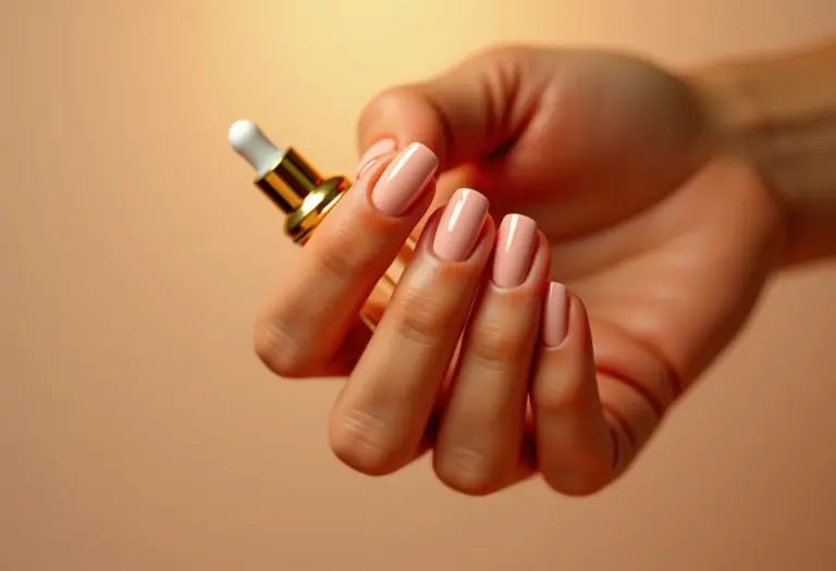 Mãos femininas segurando óleo de cutícula, unhas impecáveis com brilho.