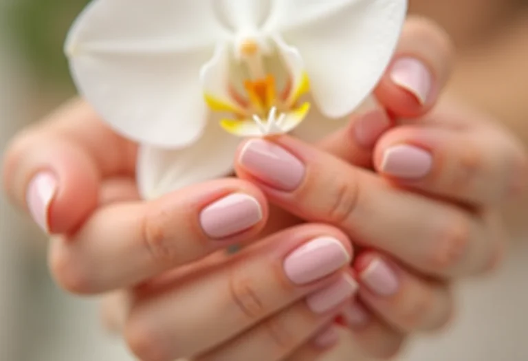Mãos femininas segurando orquídea com unhas em gel rosa natural.