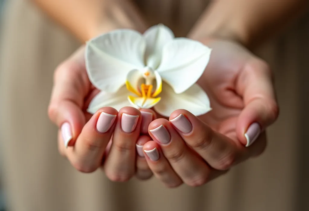 Tirar unha de gel em casa: o passo a passo sem danificar Mãos femininas segurando orquídea com unhas nude.