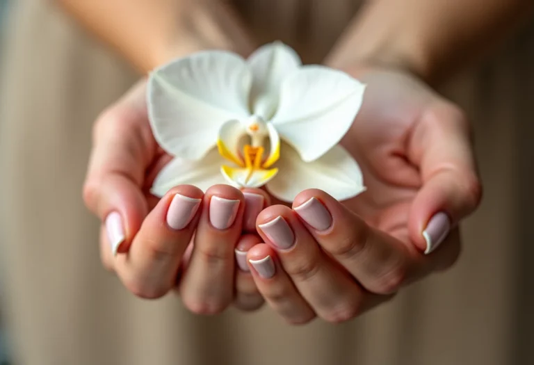 Mãos femininas segurando orquídea com unhas nude.