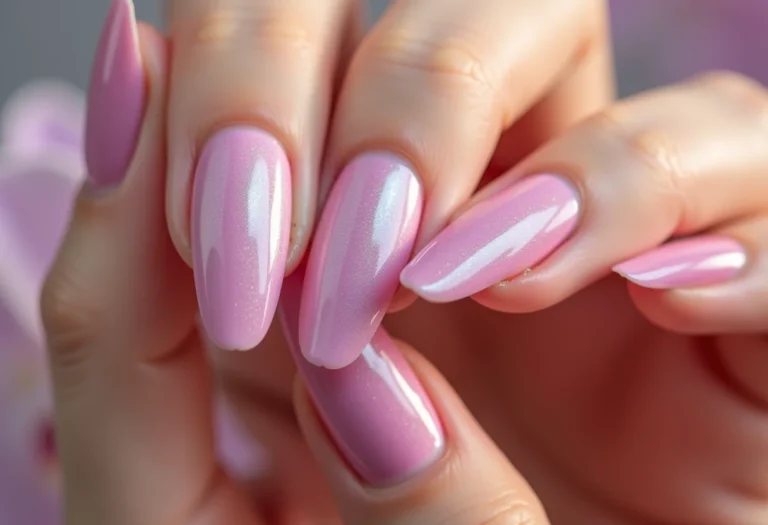 Mãos femininas segurando orquídea, unhas com esmalte pastel iridescente