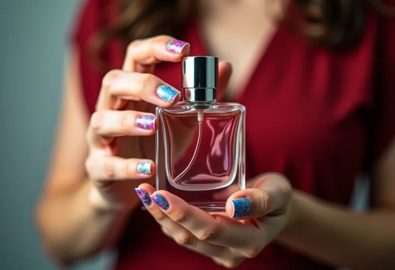 Mãos femininas segurando perfume com unhas decoradas com efeito marmorizado.