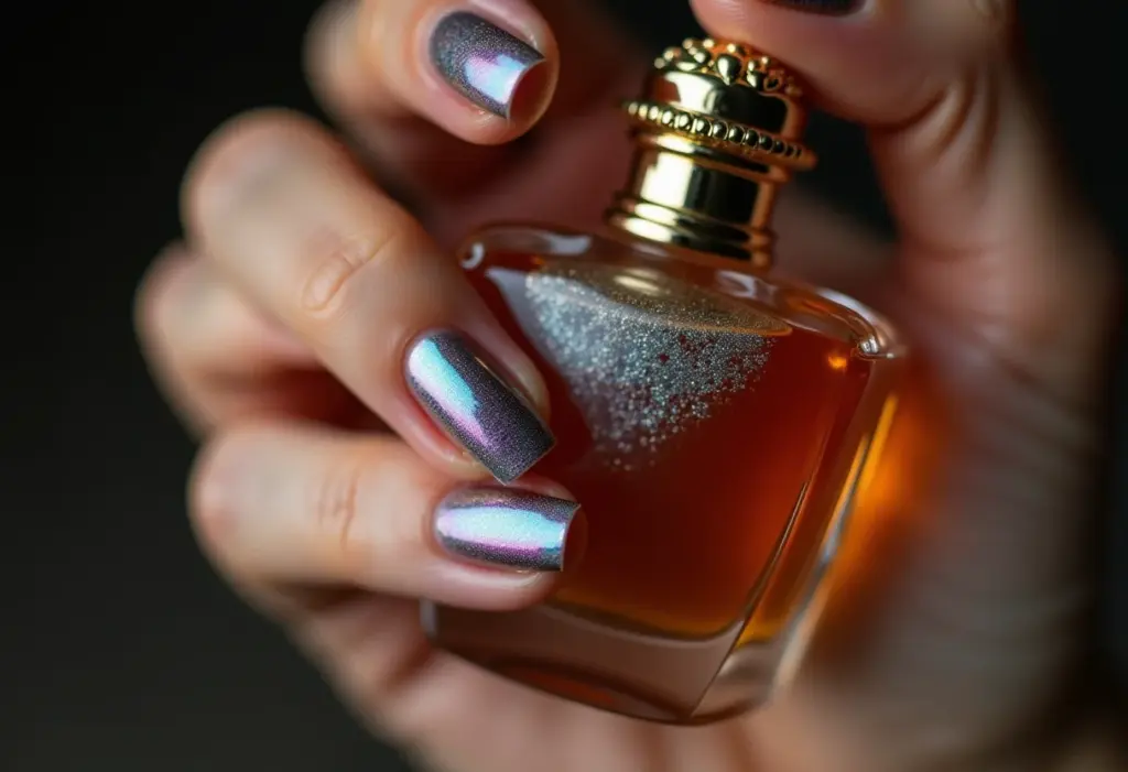 Mãos femininas segurando um frasco de perfume antigo, unhas cromadas iridescentes.