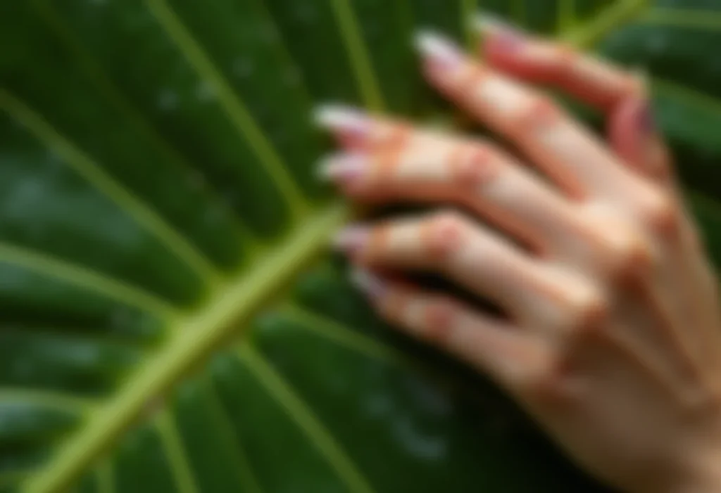 Mãos femininas tocando folha de monstera com unhas naturais impecáveis