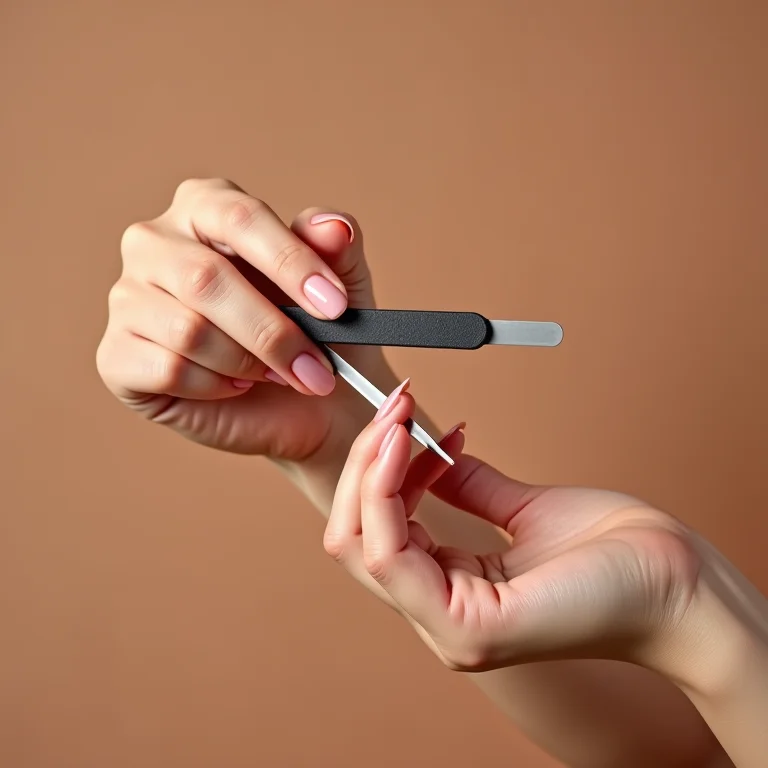 Mãos mostrando produtos de cuidado para unhas